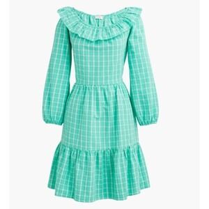 J.Crew Seersucker‎ Ruffleneck Mini Dress Womens 6 Green Plaid Cotton Long Sleeve